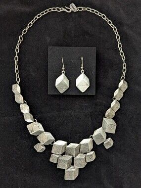 Silver Tone Geometric Statement Necklace & Earrings Set Chunky